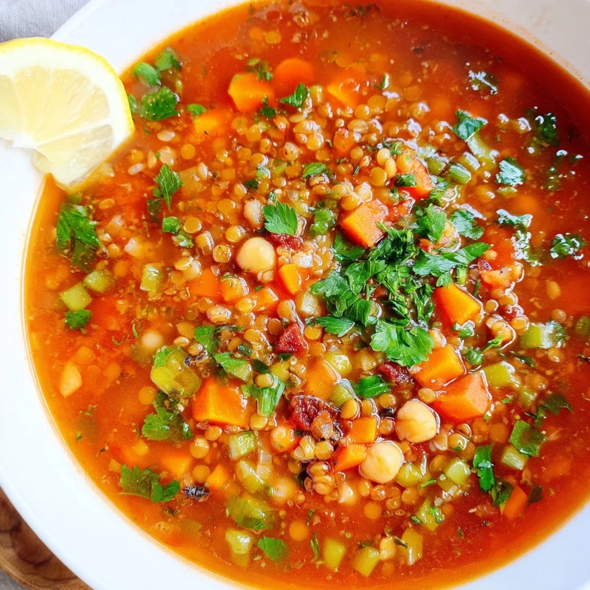 Steaming bowl of North African Harira Soup with vibrant herbs, a cozy and flavorful vegetarian meal.