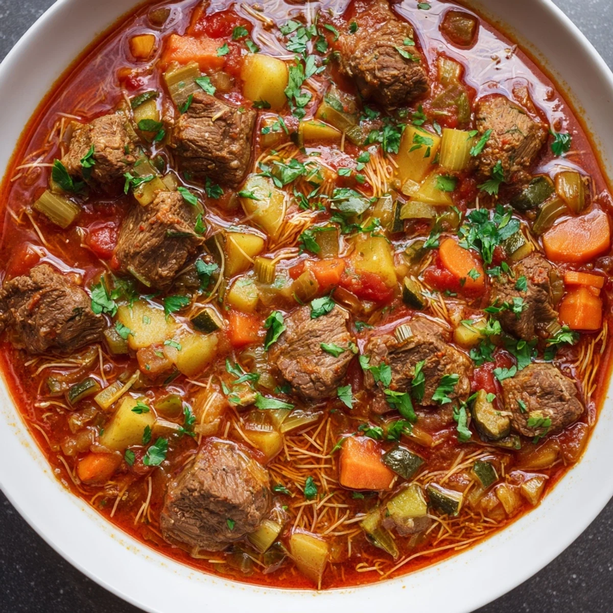 A steaming bowl of Algerian Chorba brimming with tender lamb and fresh herbs.