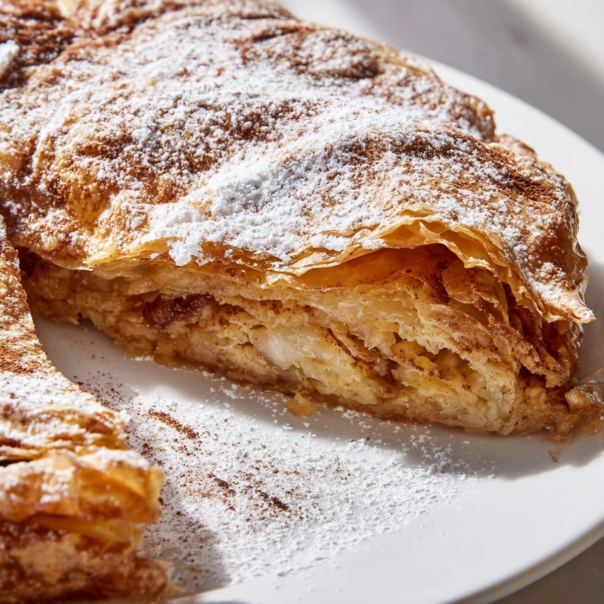 Golden-brown Moroccan Pastilla Pie, flaky pastry enclosing savory spiced chicken filling, ready to serve.