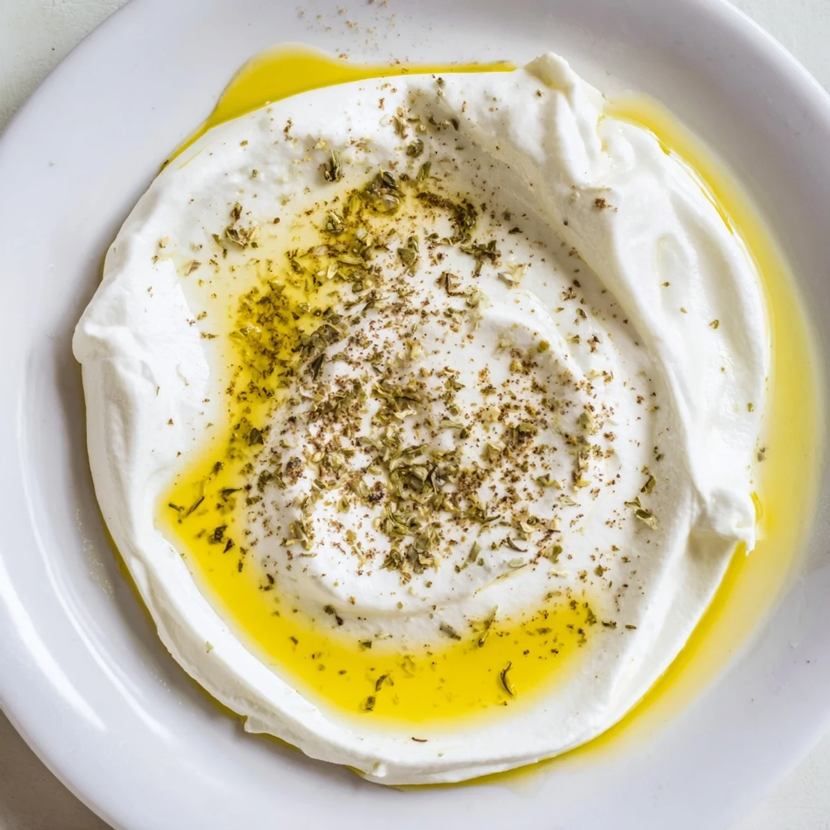 Creamy Levantine labneh cheese, drizzled with olive oil, ready for spreading on warm pita bread.