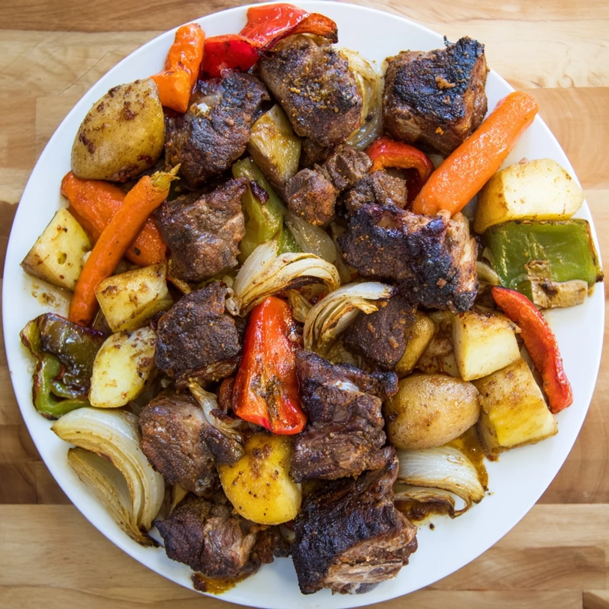 A mouthwatering, close-up photo of Jordanian Zarb, showcasing tender lamb and vibrant roasted vegetables.