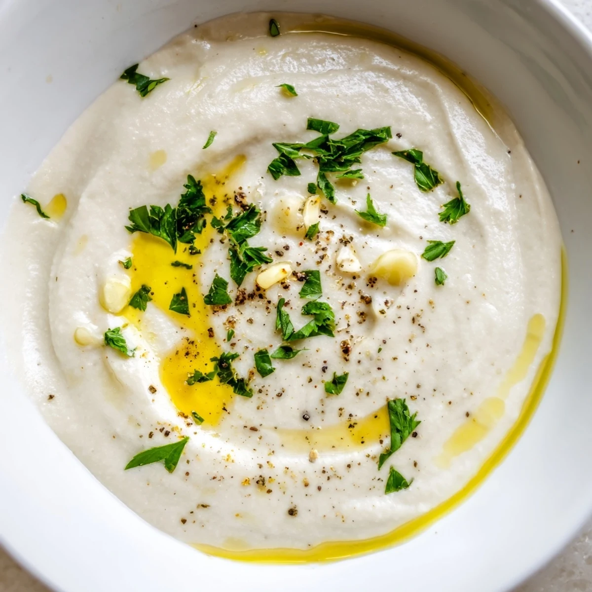 Homemade Mediterranean White Bean Dip with a velvety texture, bright lemon flavor, and extra virgin olive oil drizzle on top.