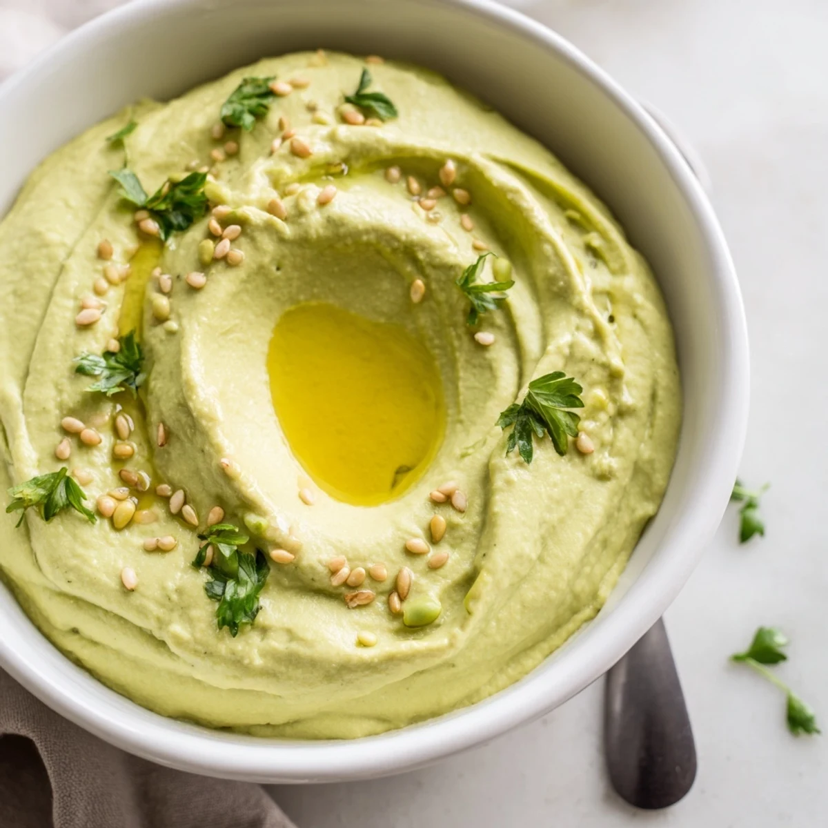A bowl of creamy Edamame Hummus garnished with olive oil, toasted sesame seeds, and fresh parsley, served with pita chips and sliced cucumbers for dipping.  
