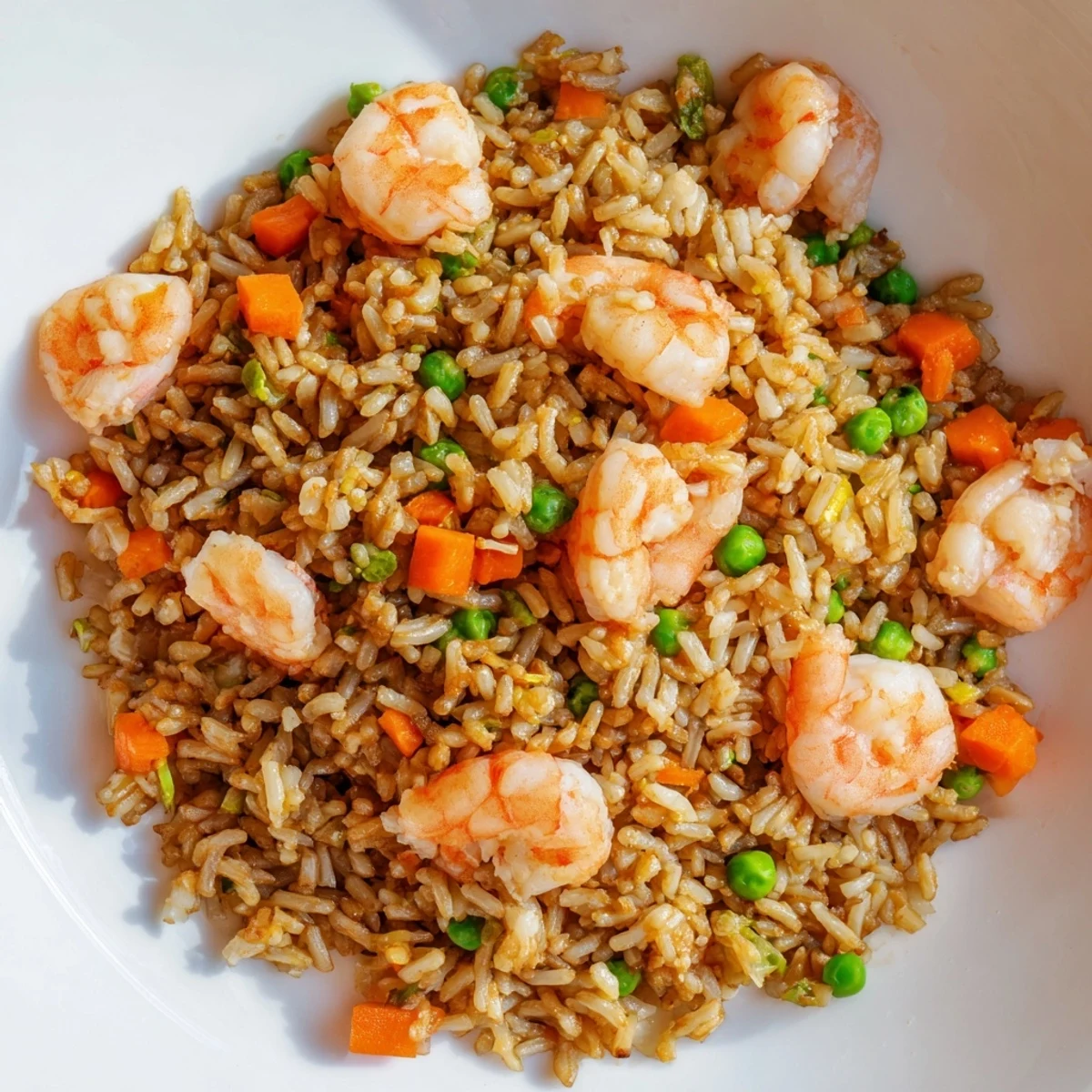 A close-up of vibrant Shrimp Garlic Fried Rice with plump pink shrimp, diced carrots, and fresh spring onions garnished with lime.