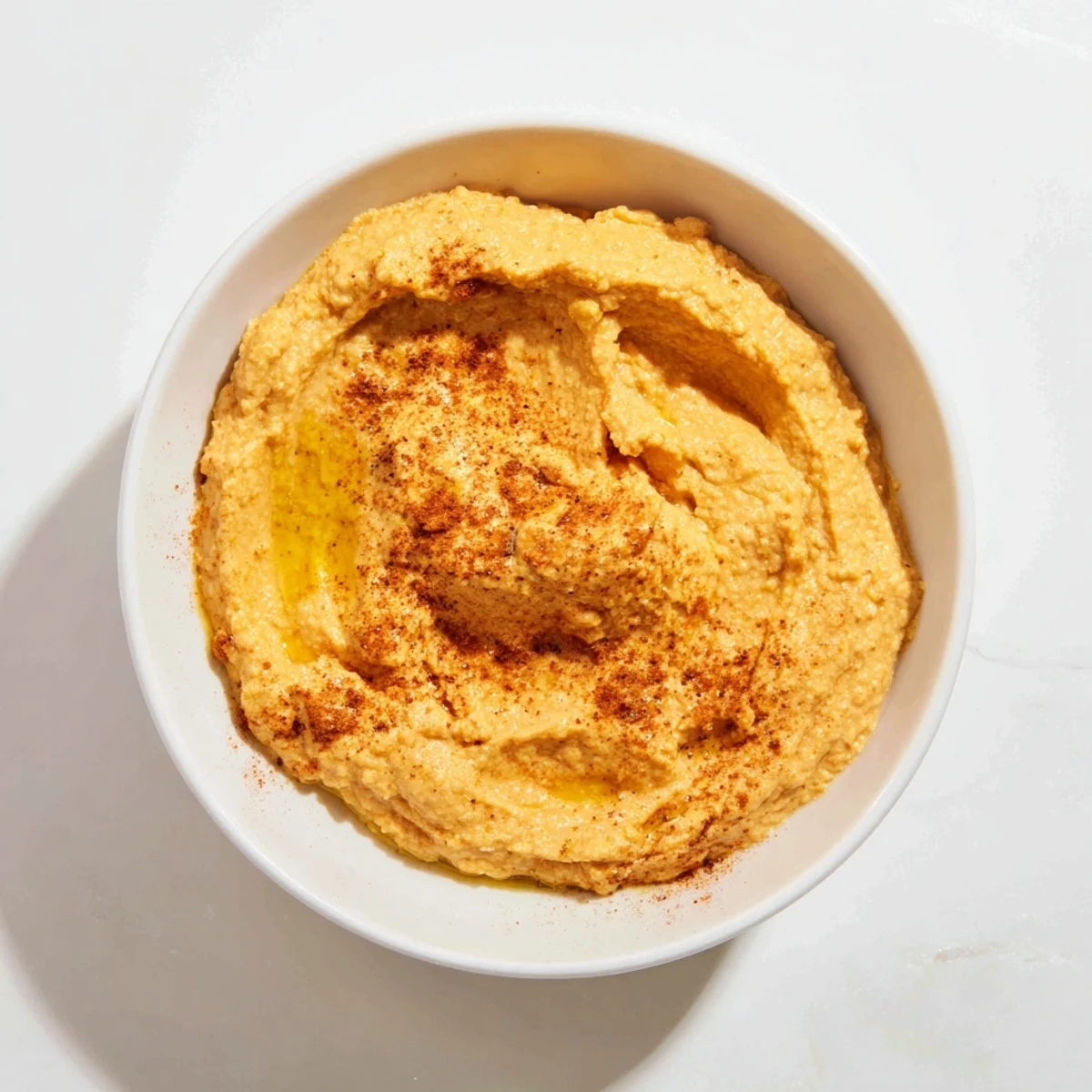 Creamy chickpea curry paste in a rustic bowl, drizzled with olive oil and sprinkled with curry powder for a vibrant Indian-inspired dip.