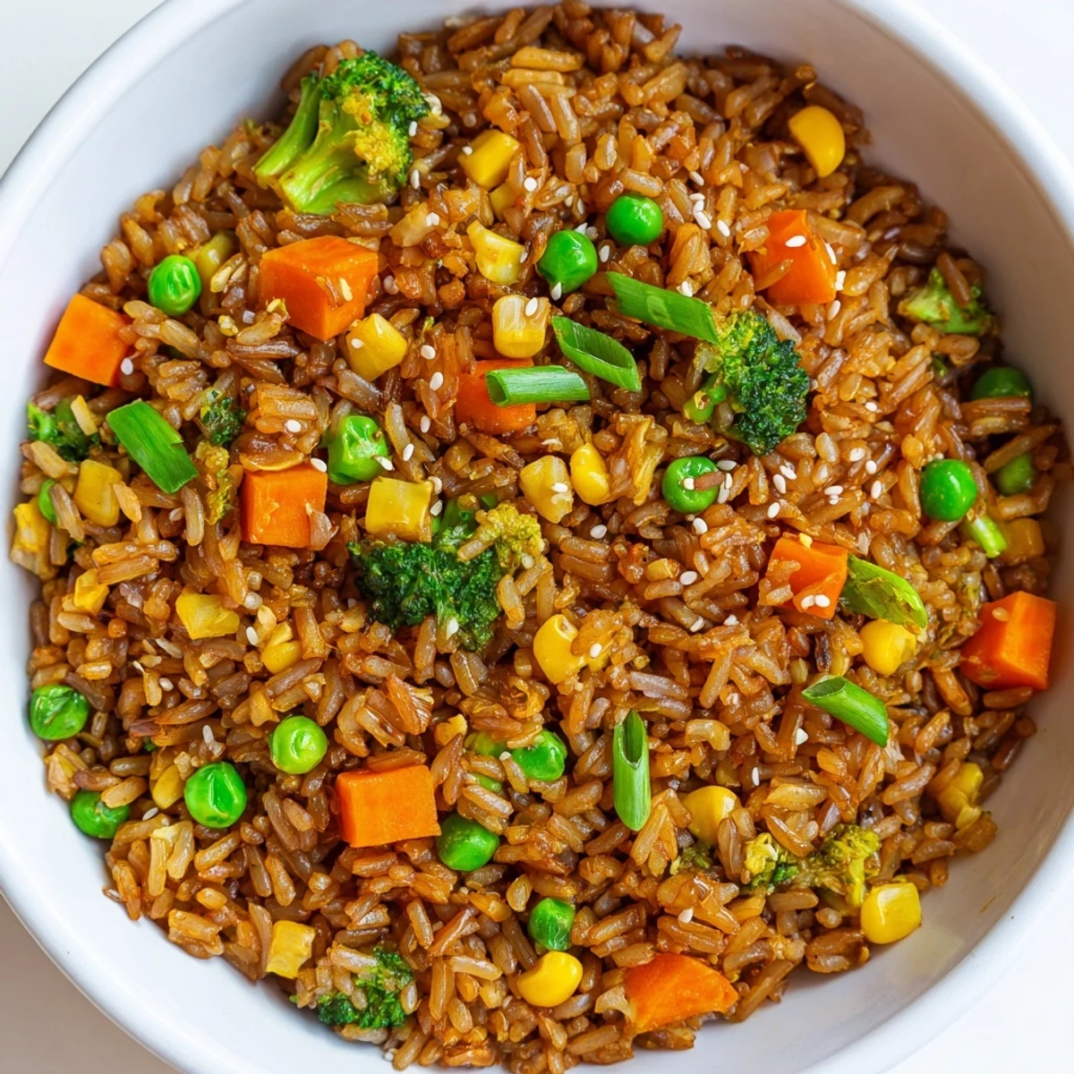 Brightly colored vegetable fried rice sizzles in a wok, featuring crisp carrots, peas, and green onions for a quick vegetarian dinner.  