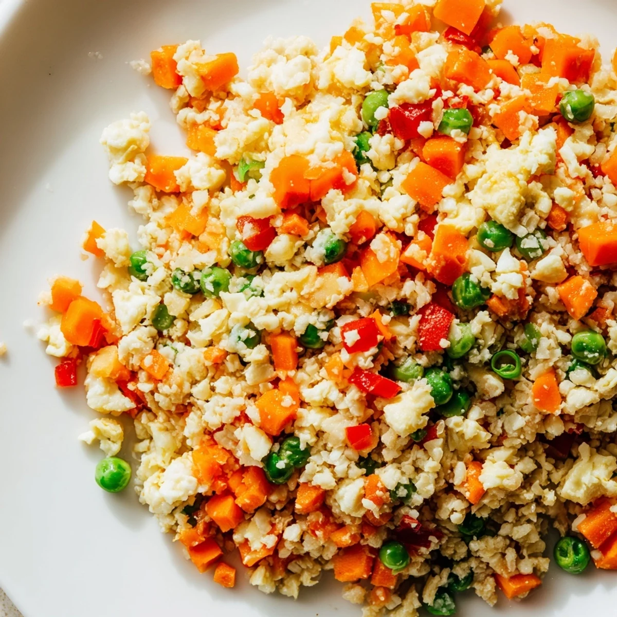 A close-up of vibrant Cauliflower Fried Rice with colorful diced vegetables and fluffy scrambled eggs in a skillet.  