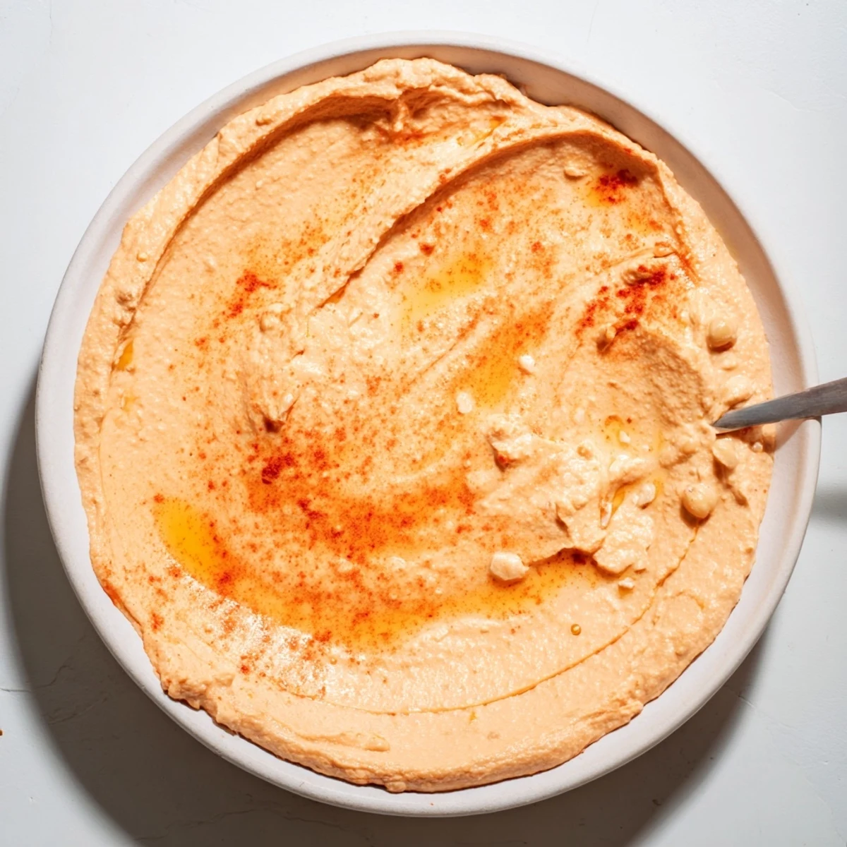 Bright orange roasted red pepper hummus sits in a rustic white bowl, drizzled with olive oil and sprinkled with paprika and fresh parsley. Pita bread and sliced cucumbers surround it.