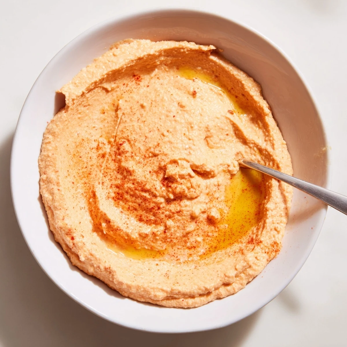 Creamy roasted red pepper hummus served in a shallow dish, garnished with a swirl of olive oil and a pinch of smoked paprika, perfect for dipping with veggies.