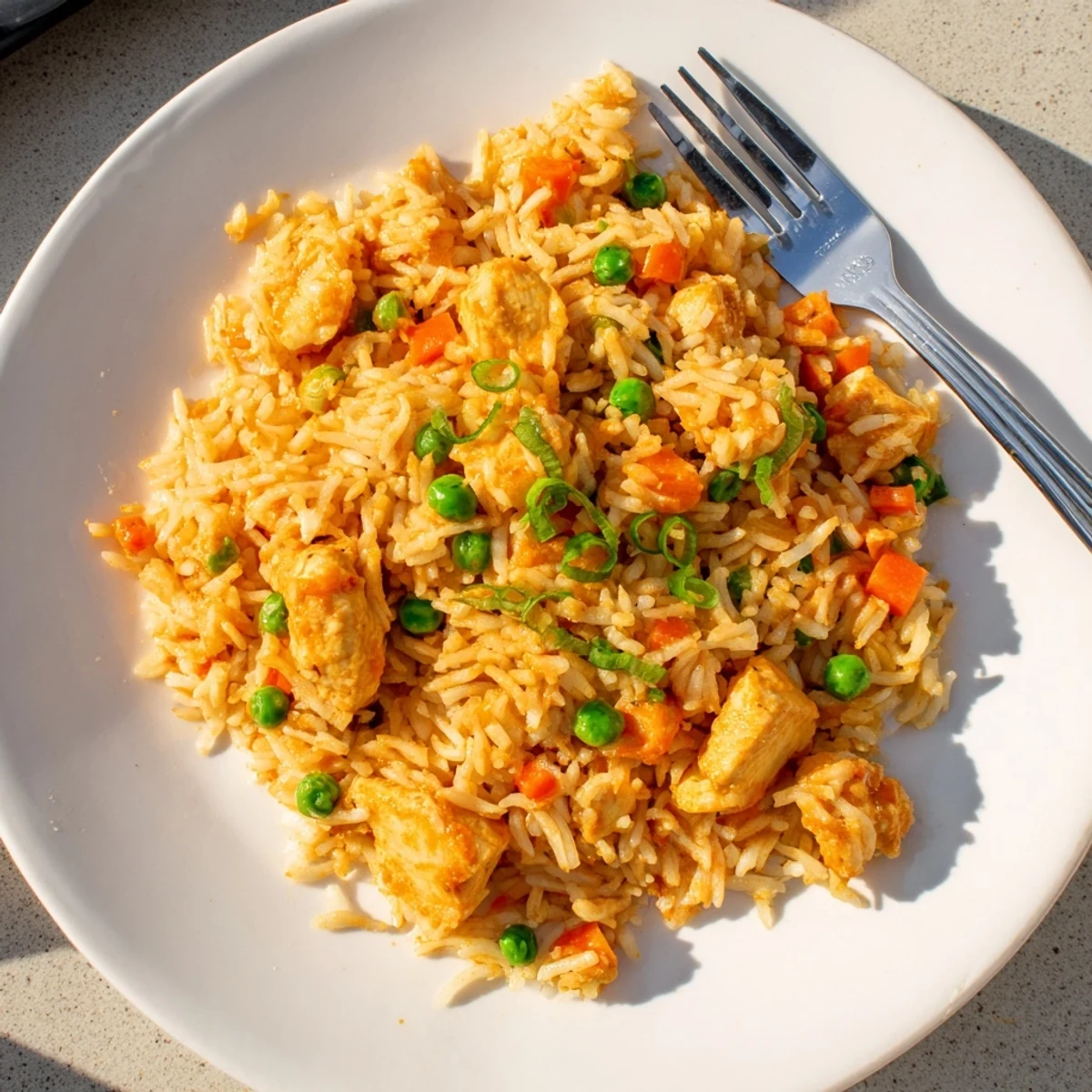 A close-up of creamy Butter Chicken Fried Rice garnished with fresh green onions, served in a skillet.  