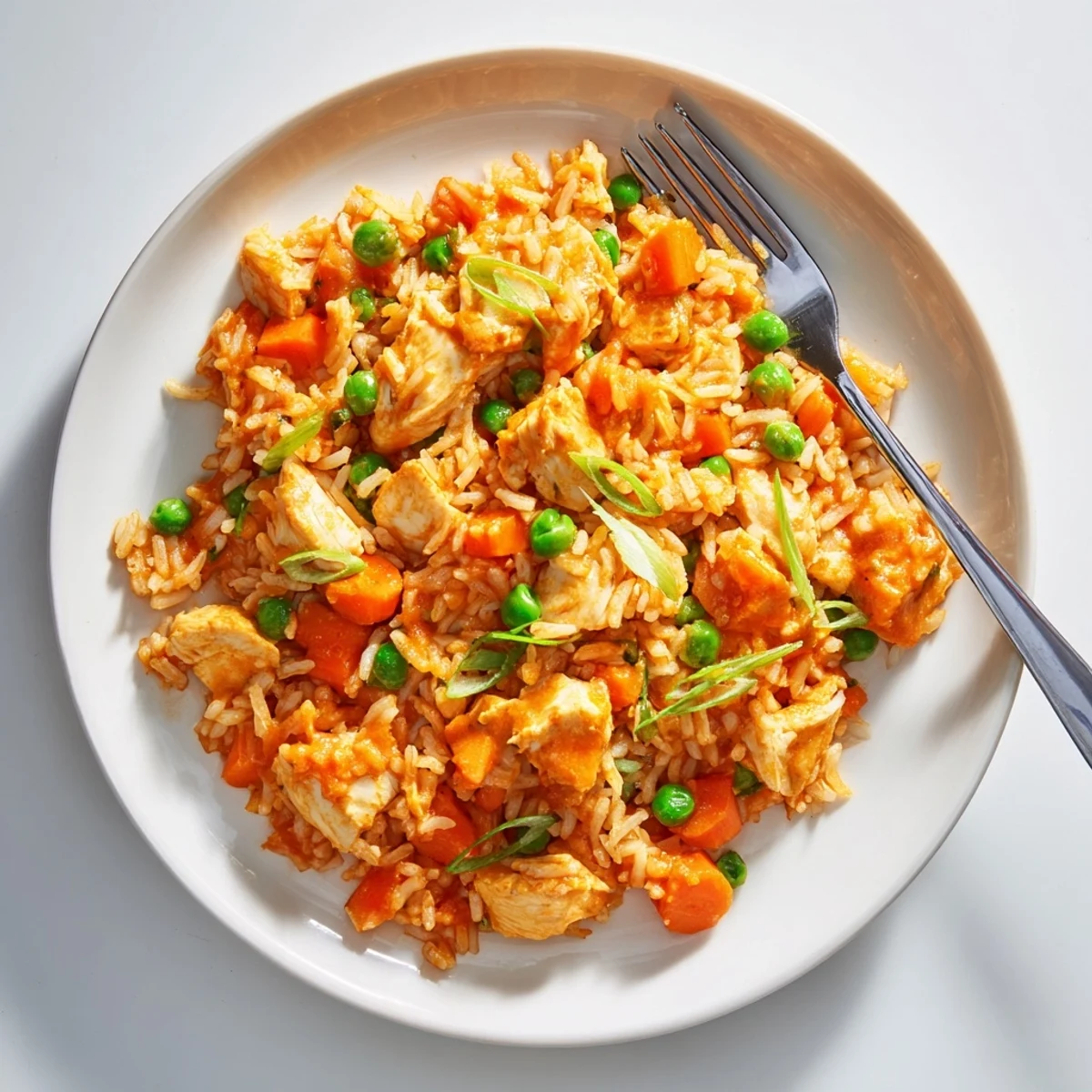 Vibrant serving of Butter Chicken Fried Rice topped with sliced scallions, fork ready for a delicious bite.