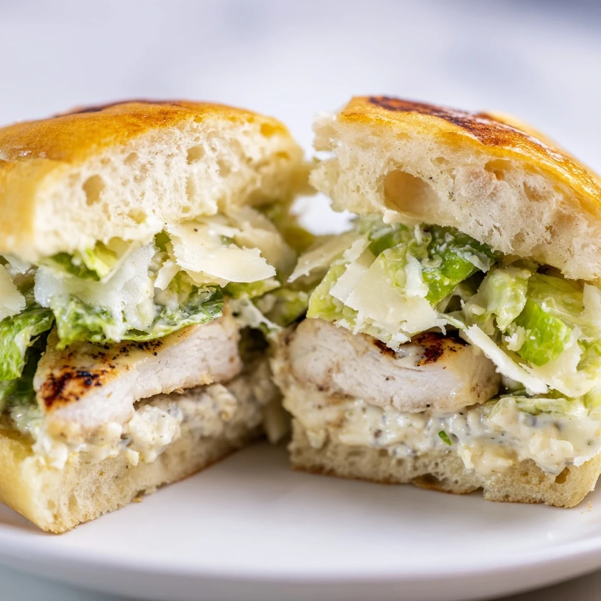 A juicy Caesar Chicken Sandwich stacked with grilled chicken, crisp romaine, and creamy Caesar dressing on a toasted bun.  
