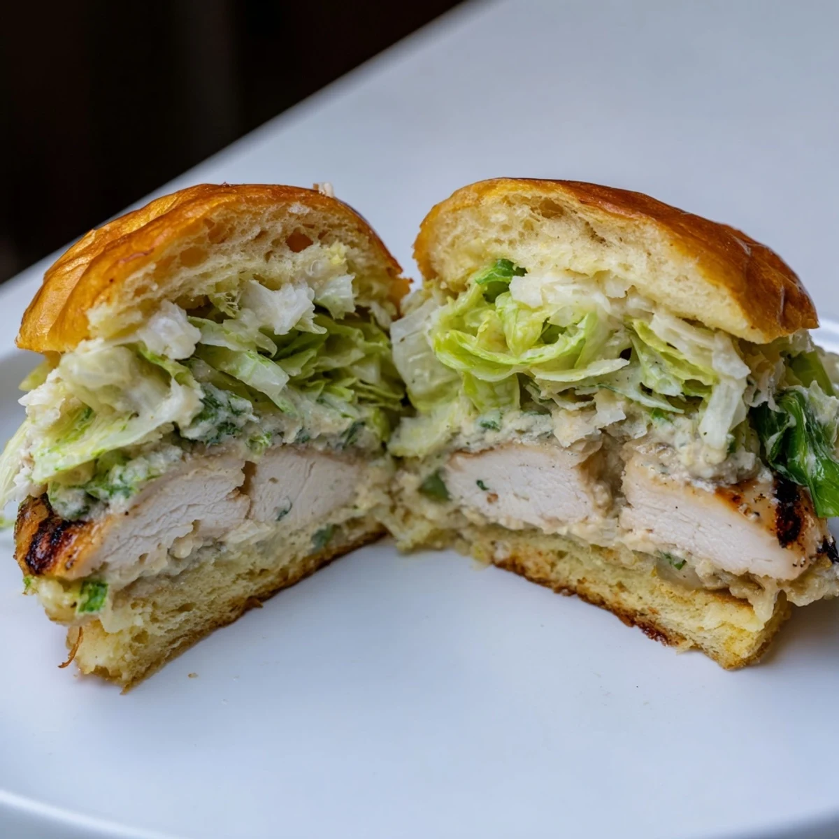 Close-up of a Caesar Chicken Sandwich showing layered ingredients, drizzled dressing, and a side of sweet potato fries.