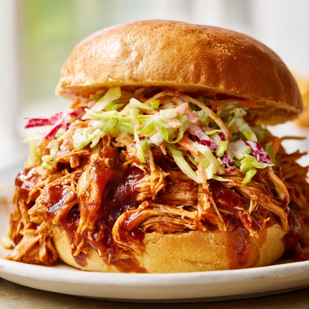 Freshly made coleslaw adds a crunchy, cool contrast to the warm, saucy pulled chicken sandwich.