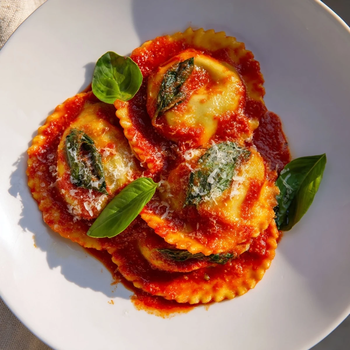 Delicate homemade Spinach Ricotta Ravioli swim in a vibrant, steaming marinara sauce, garnished with fresh basil and extra Parmesan.