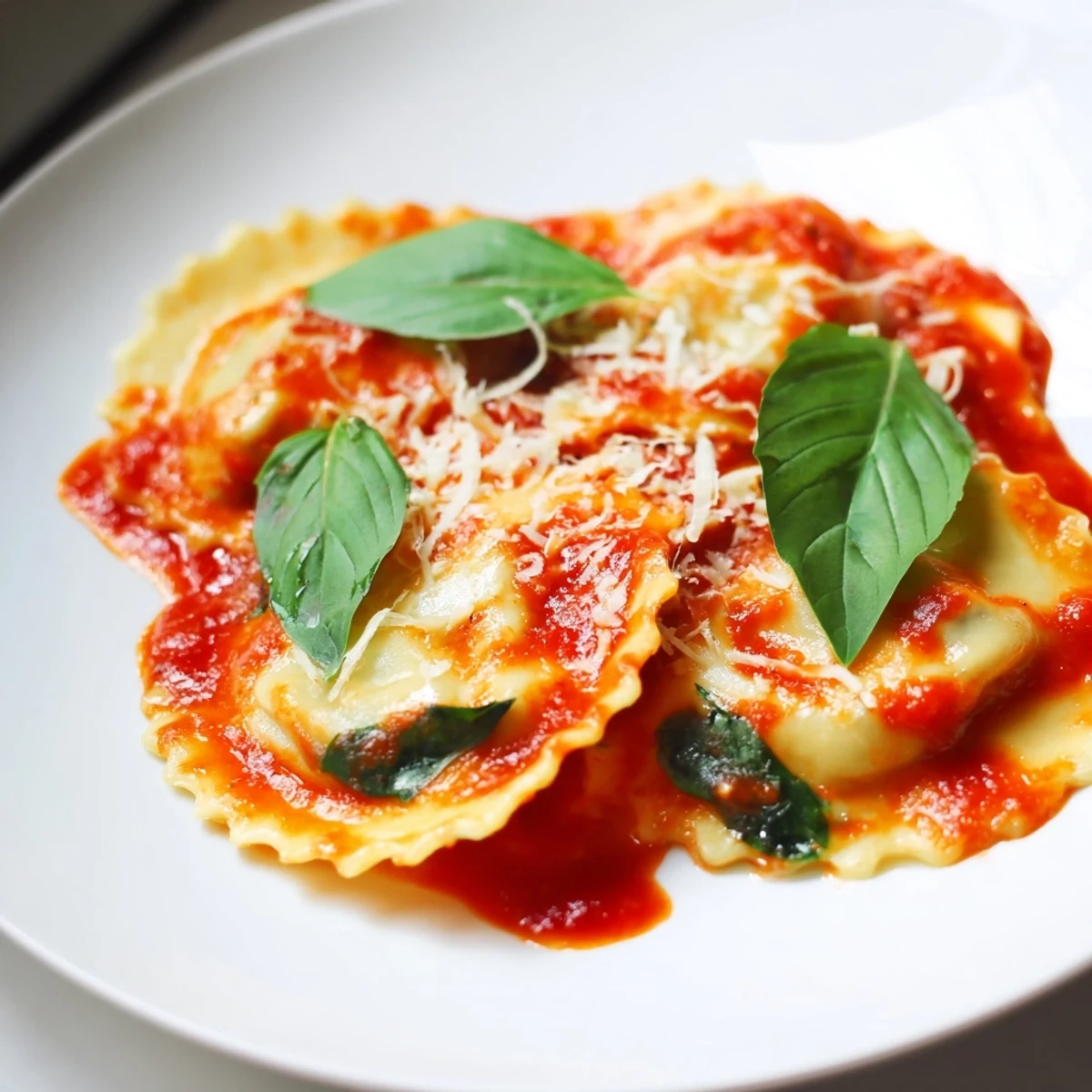 A close-up of tender ravioli filled with creamy ricotta and spinach, ready to be served with warm marinara.