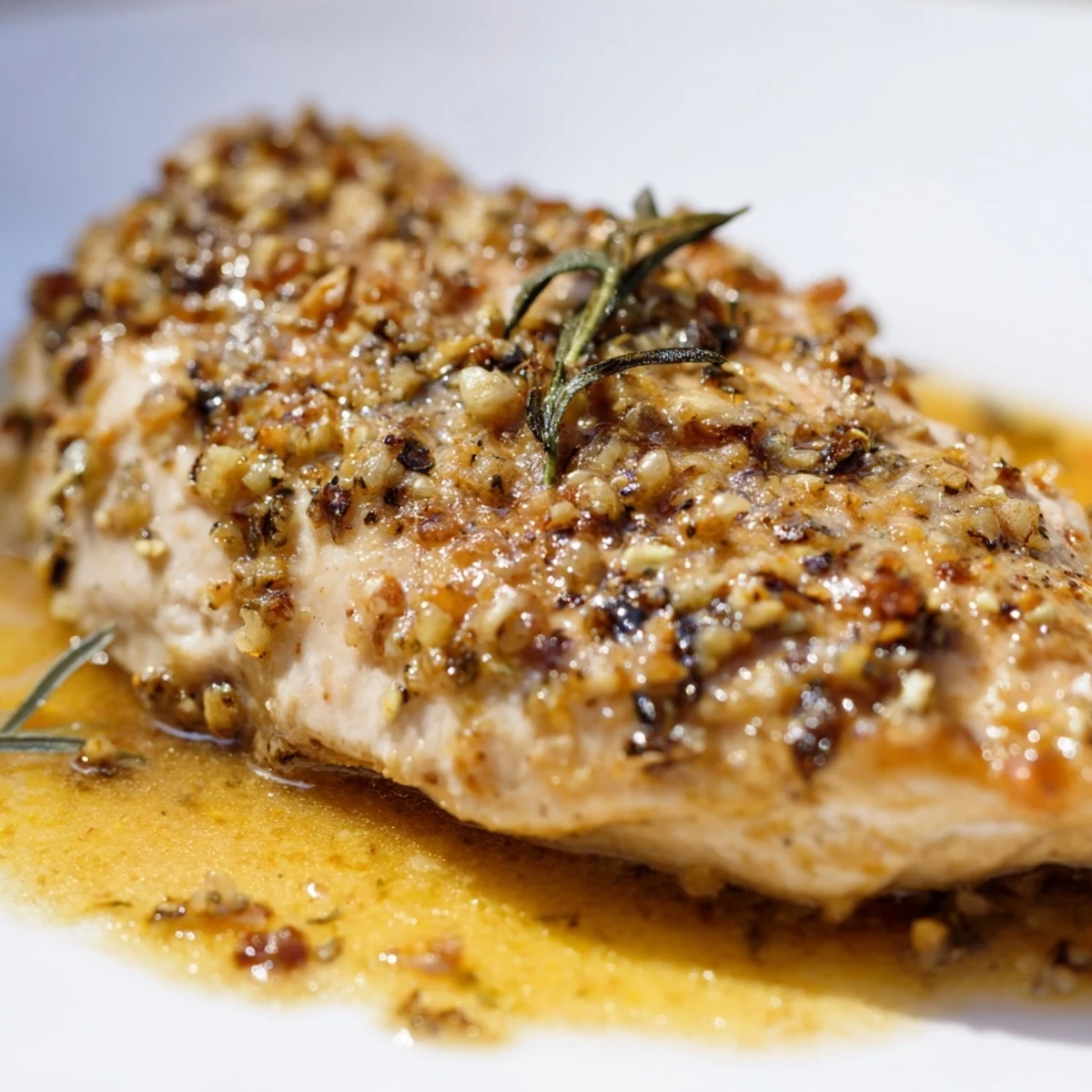 Golden-brown chicken breasts nestled in a glossy honey Dijon sauce, garnished with fresh parsley in a skillet.