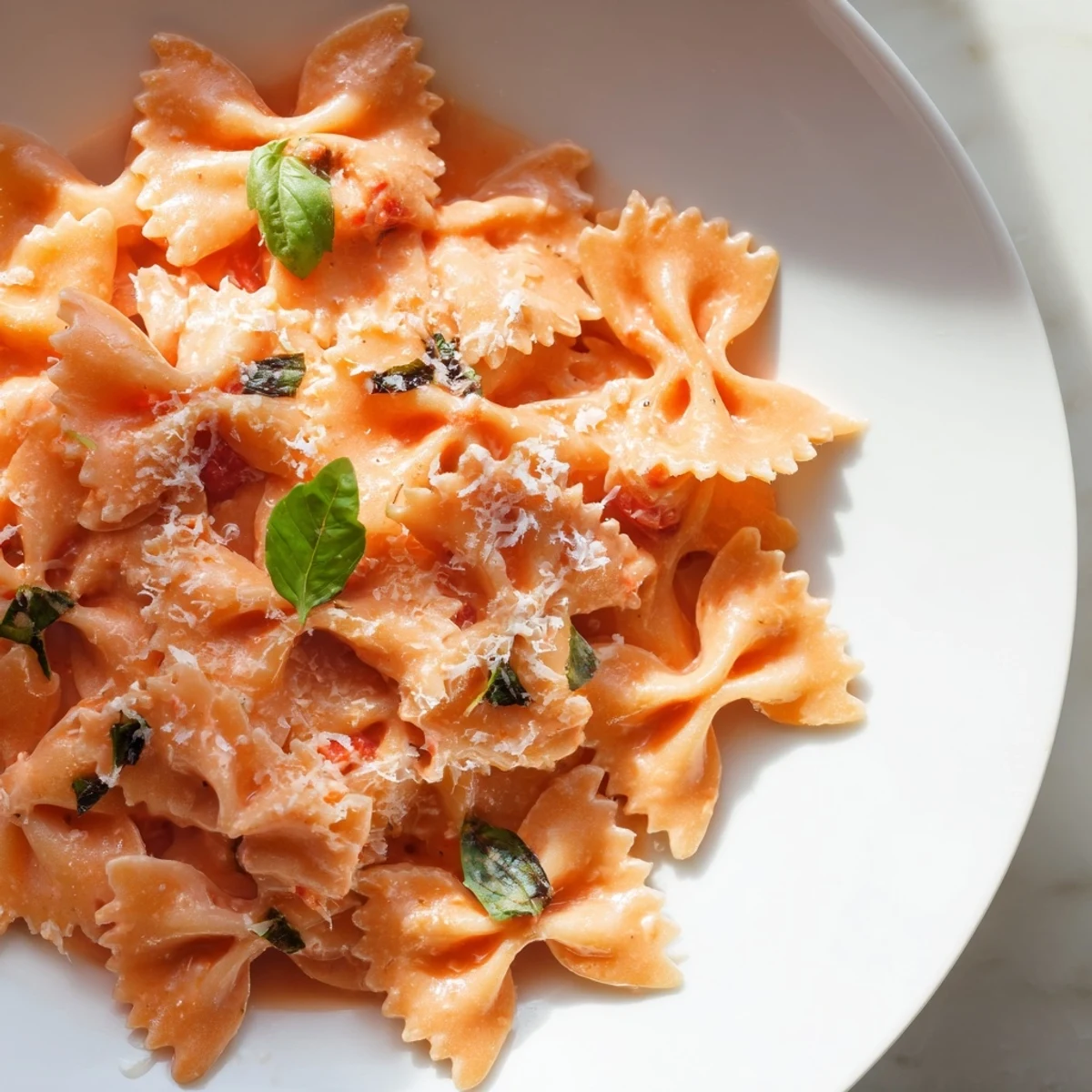 A close-up of Tomato Basil Bowtie Pasta in a creamy red sauce, garnished with fresh basil and Parmesan, served in a white bowl.