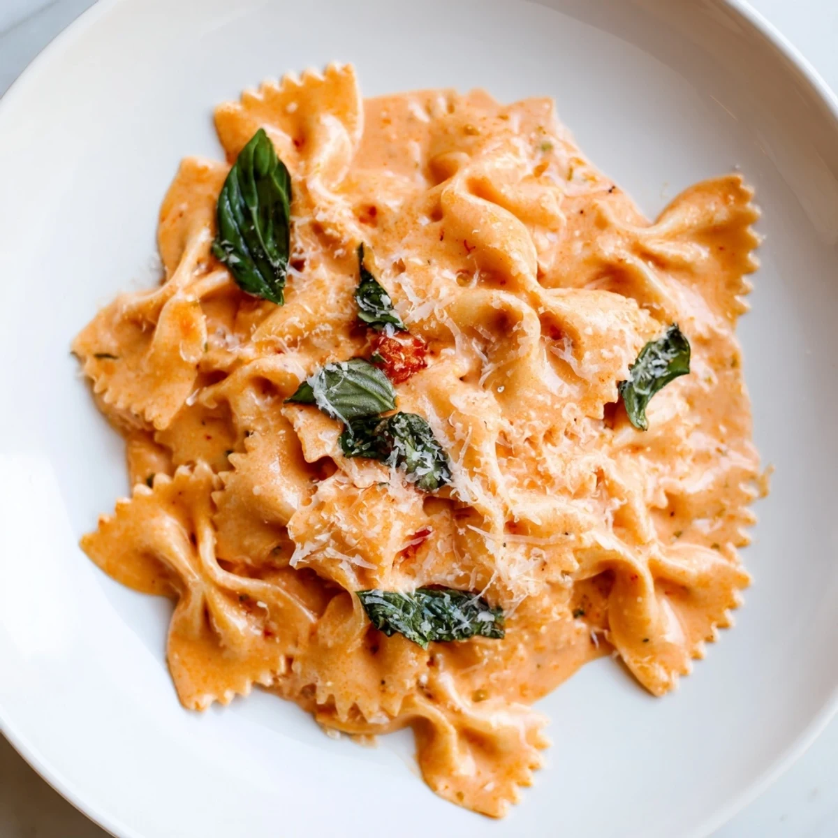 Top-down photo of vegetarian Tomato Basil Bowtie Pasta, garnished with fresh basil and Parmesan, ready to serve for a weeknight dinner.
