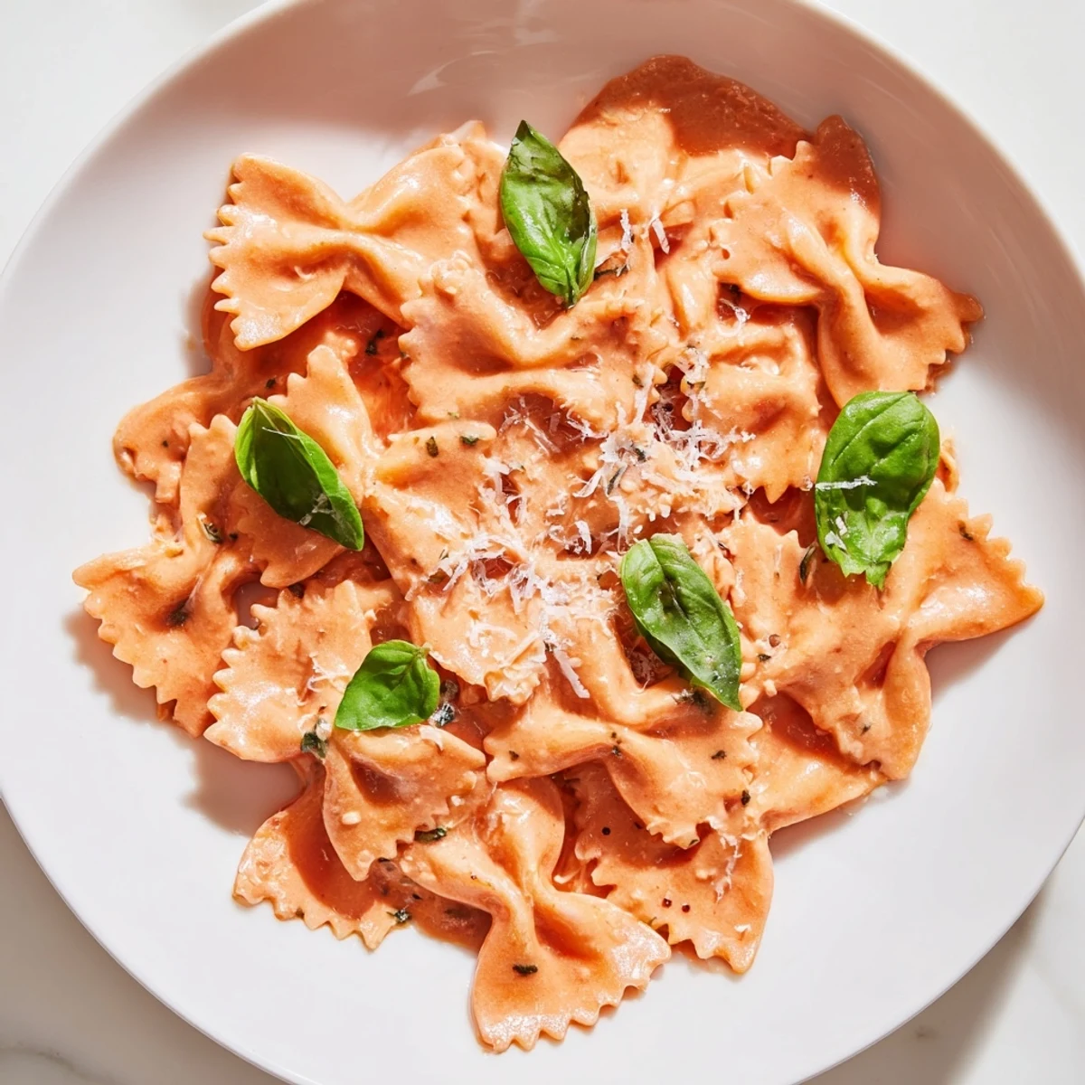 Overhead view of vibrant Tomato Basil Bowtie Pasta, with golden bowties coated in silky tomato cream sauce and scattered basil leaves.