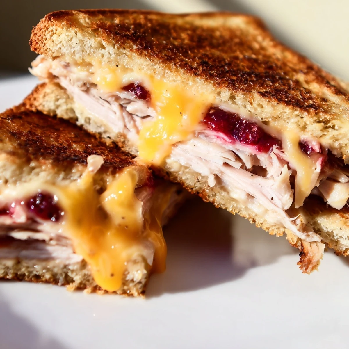 Smoked Turkey Grilled Cheese sandwich with melted sharp cheddar and cranberry spread on golden toasted sourdough.  