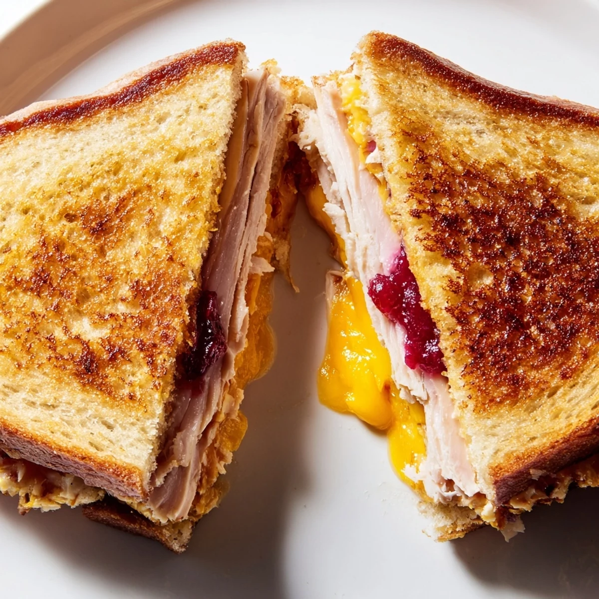 A close-up view of Smoked Turkey Grilled Cheese showing melted cheese pull from the layered turkey and tangy cranberry sauce.  