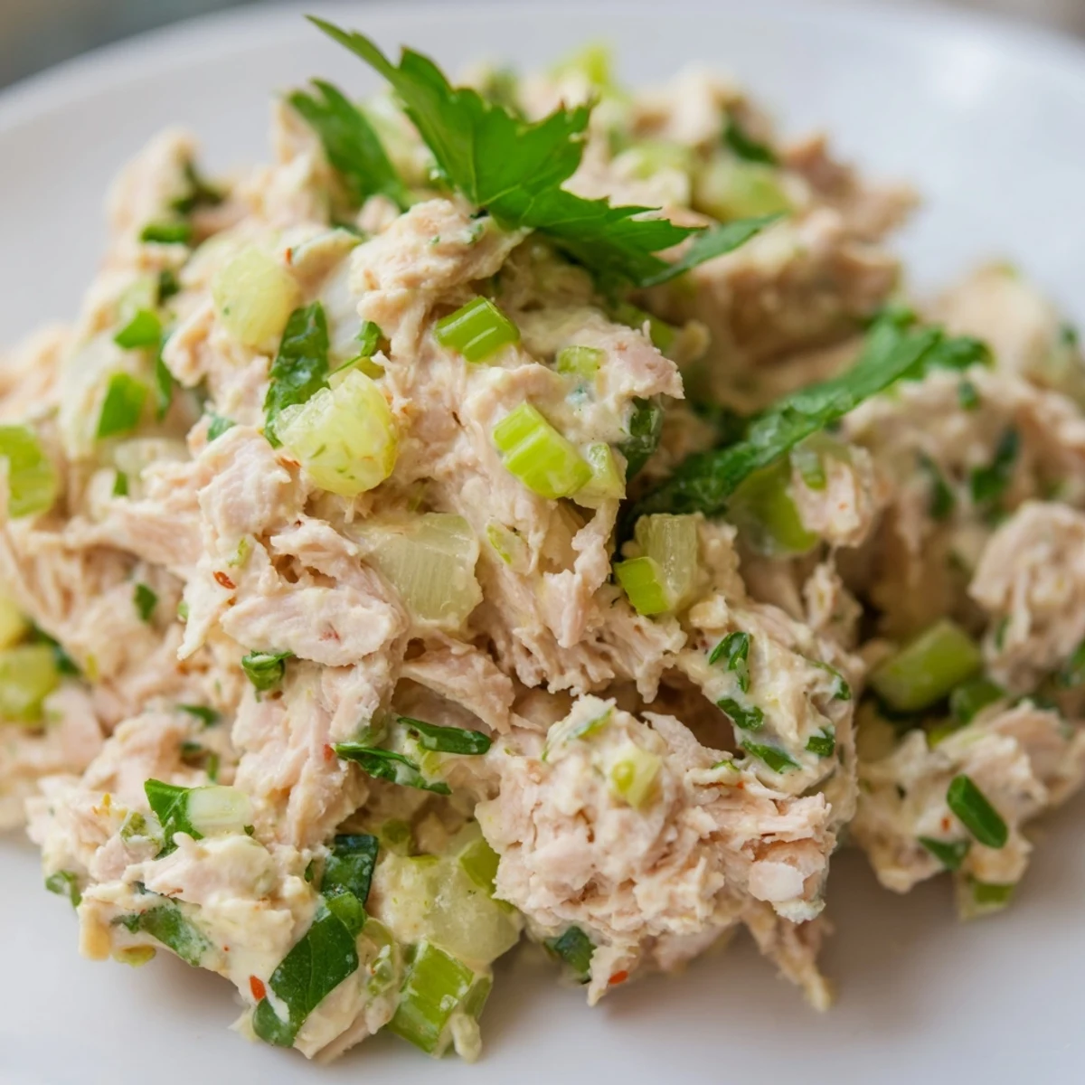 Overhead shot of freshly prepared Spicy Zesty Tuna Salad served in crisp lettuce cups, garnished with fresh lemon wedges on a rustic wooden table.