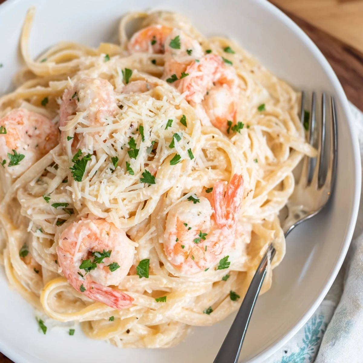 Ready to serve, Creamy Garlic Shrimp Pasta shines with melted Parmesan and a final sprinkle of vibrant green parsley.