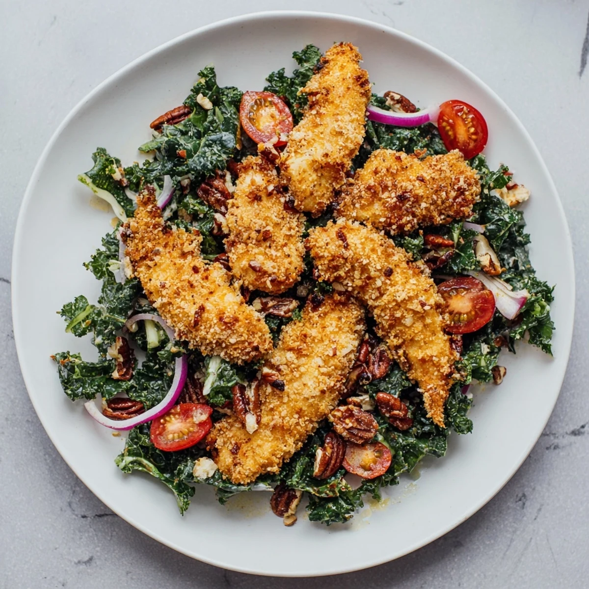 A satisfying American salad with crunchy panko-breaded chicken, fresh kale, and a tangy maple-Dijon vinaigrette.