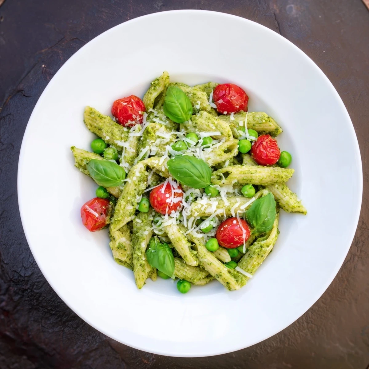 Freshly cooked Green Pesto Pasta Salad tossed with halved cherry tomatoes and sweet green peas.