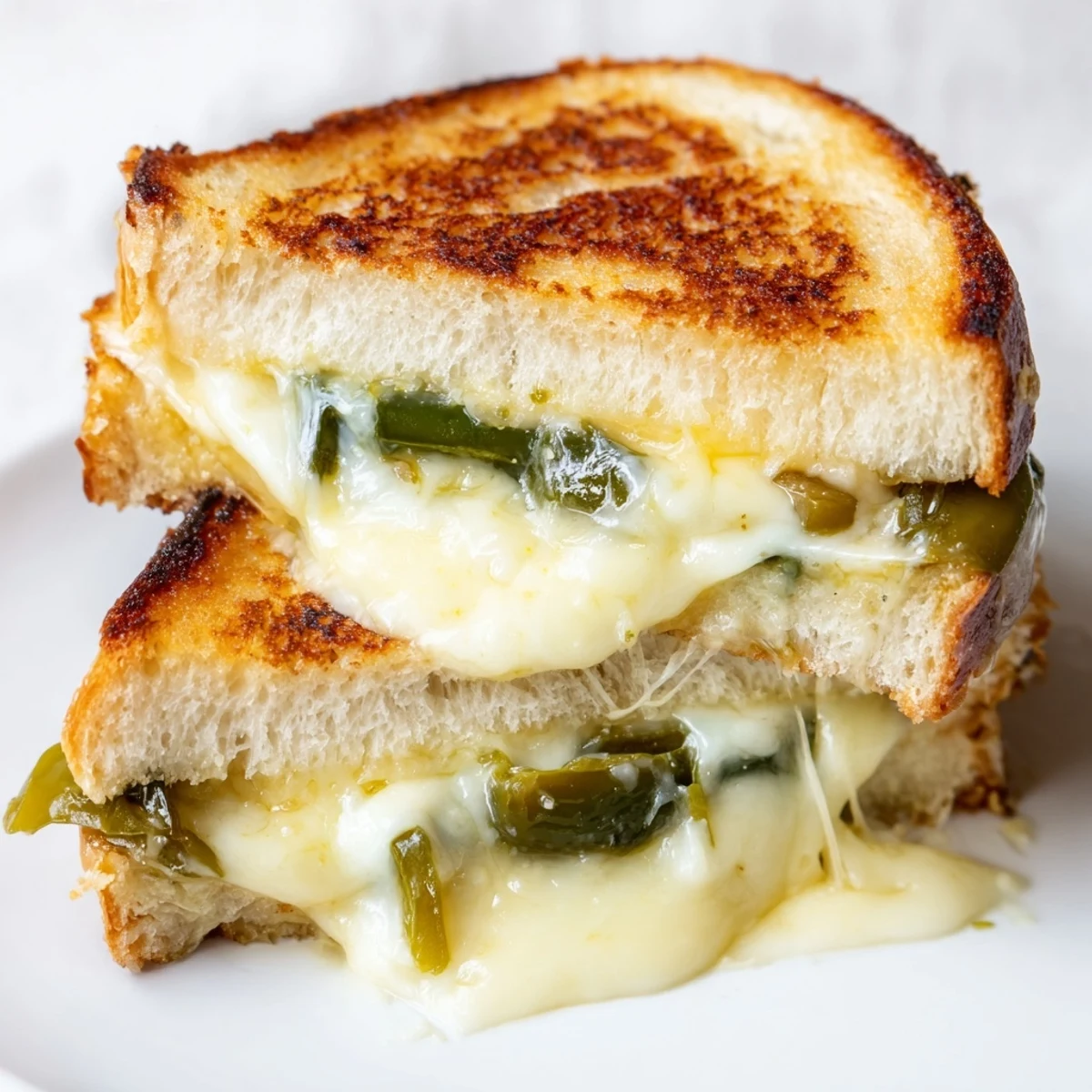 Golden-brown Jalapeño Pepper Jack Grilled Cheese sandwiches oozing melted cheese and pickled jalapeños on sourdough.