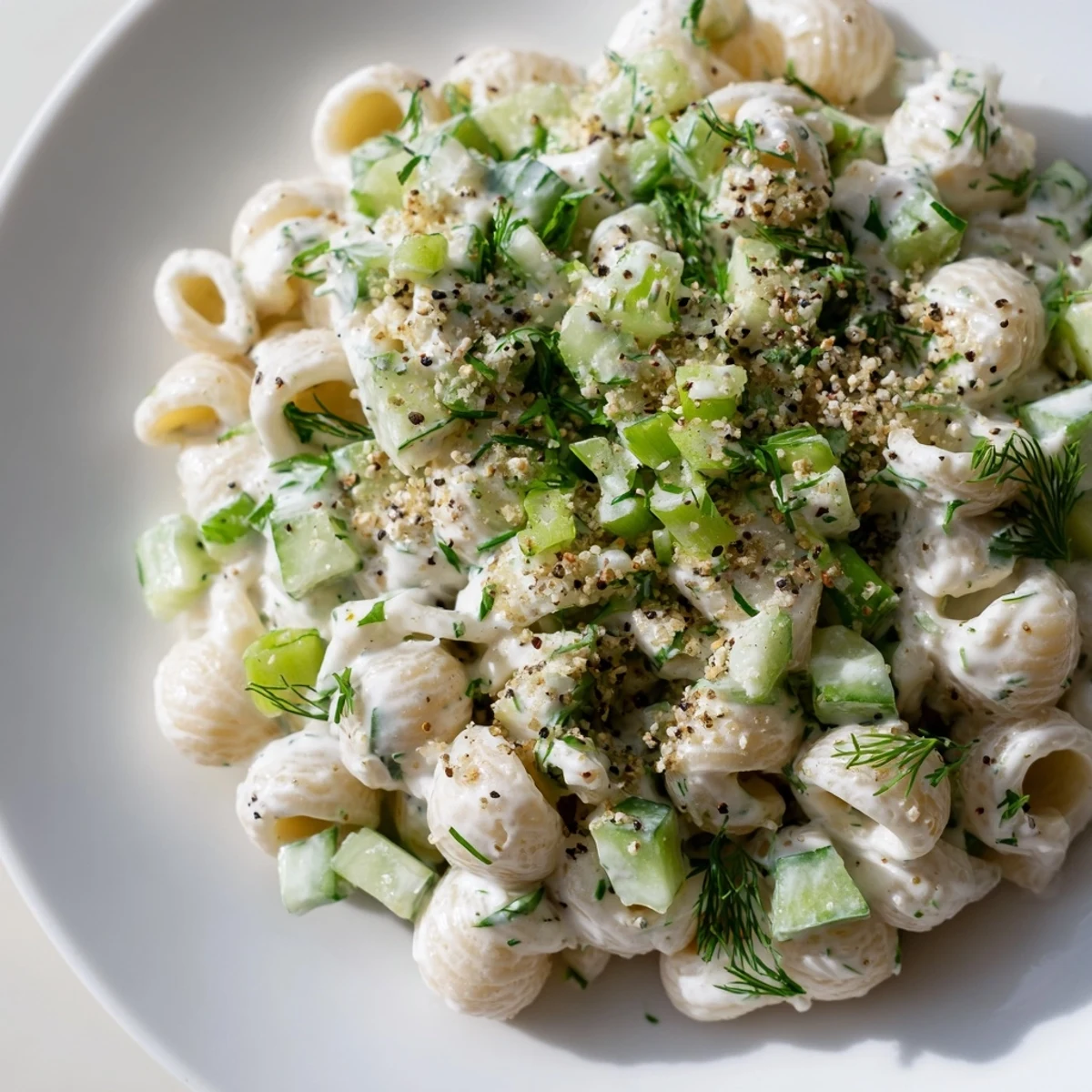 Tossed small shell pasta, crisp diced cucumber, and fresh dill in a creamy dressing, topped with everything bagel seasoning in a white bowl.  