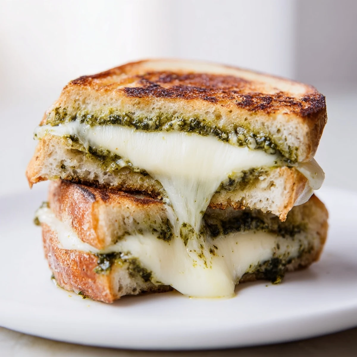Melted cheese and aromatic basil pesto spill from between thick, buttery sourdough bread slices.