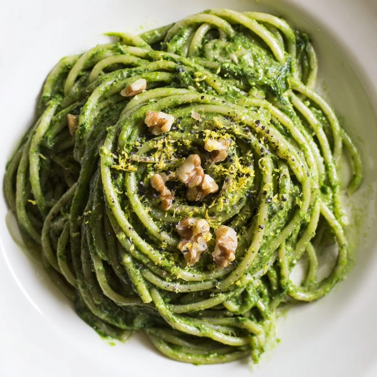 Creamy spinach walnut pasta twirled on a fork, showcasing the vibrant green sauce and toasted walnut garnish.