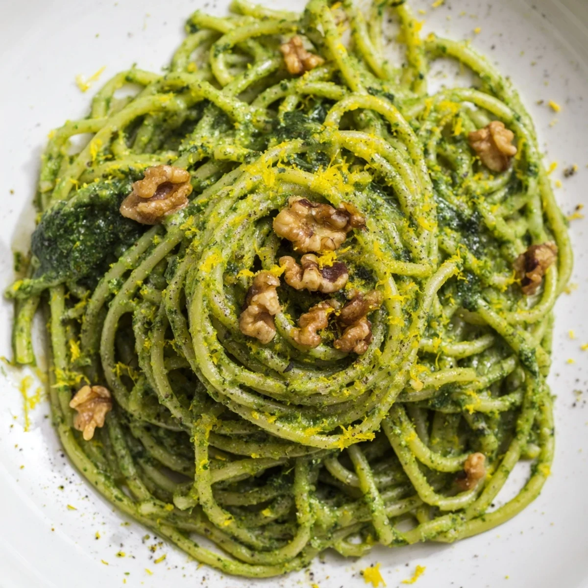 Steaming bowls of creamy spinach walnut pasta are ready to serve, garnished with extra chopped walnuts for crunch.