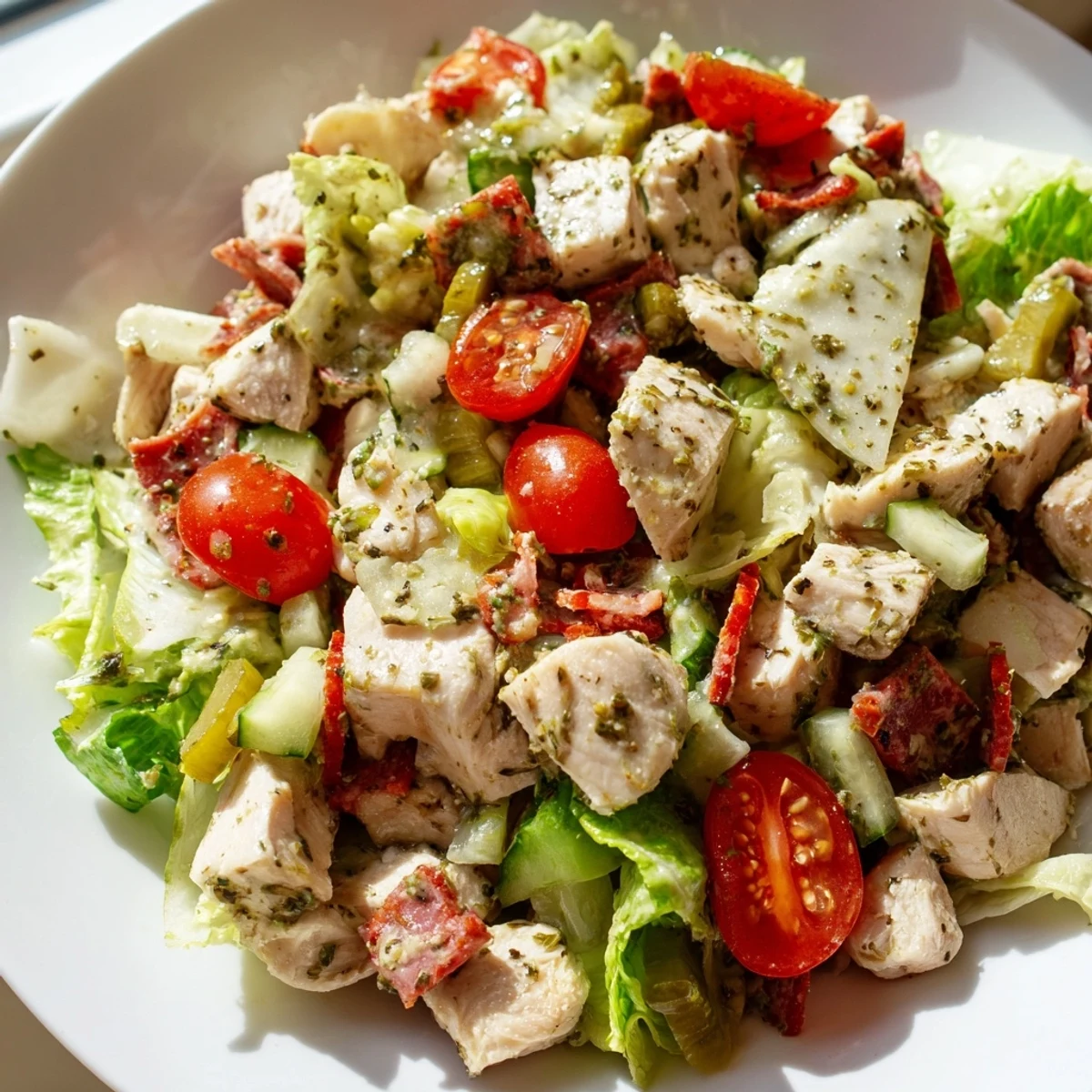 Fresh Italian Deli Chopped Chicken Salad with crisp romaine, chopped salami, provolone, and pepperoncini.