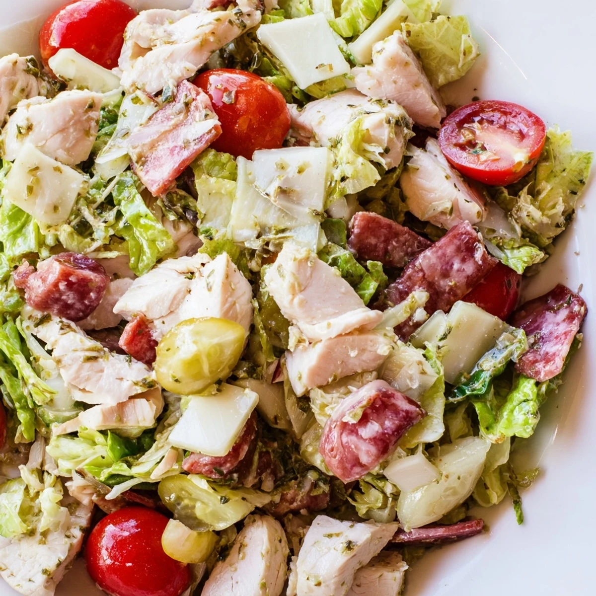 A colorful platter of Italian Deli Chopped Chicken Salad with chopped chicken, salami, provolone, and pepperoncini slices.