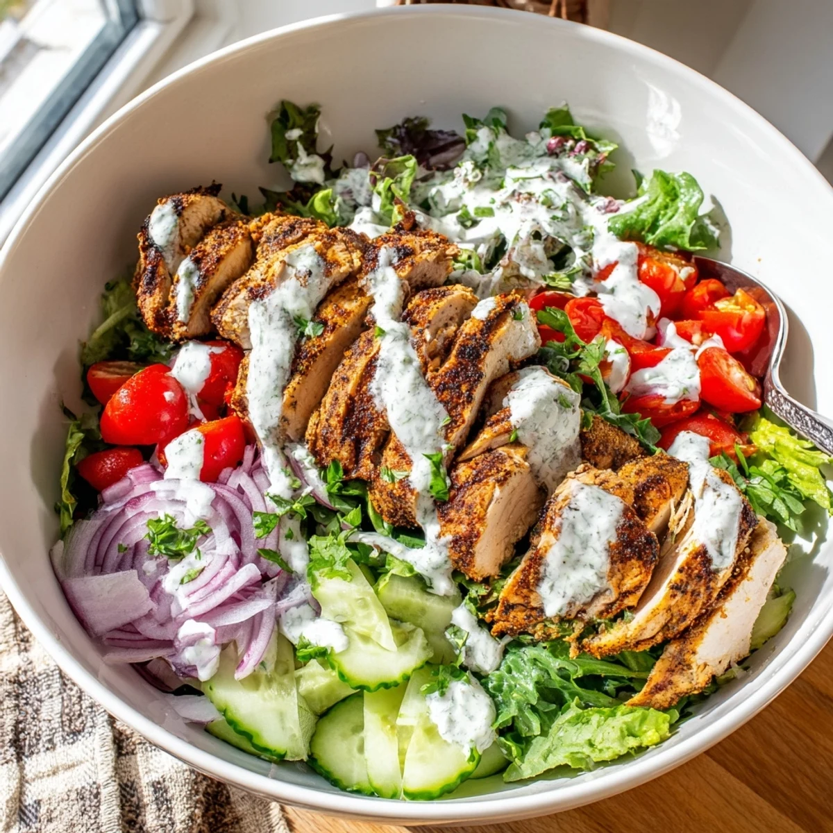 Freshly grilled Chicken Shawarma Salad Bowl features spiced chicken slices over crisp greens, tomatoes, cucumber, and a drizzle of tangy garlic sauce.  