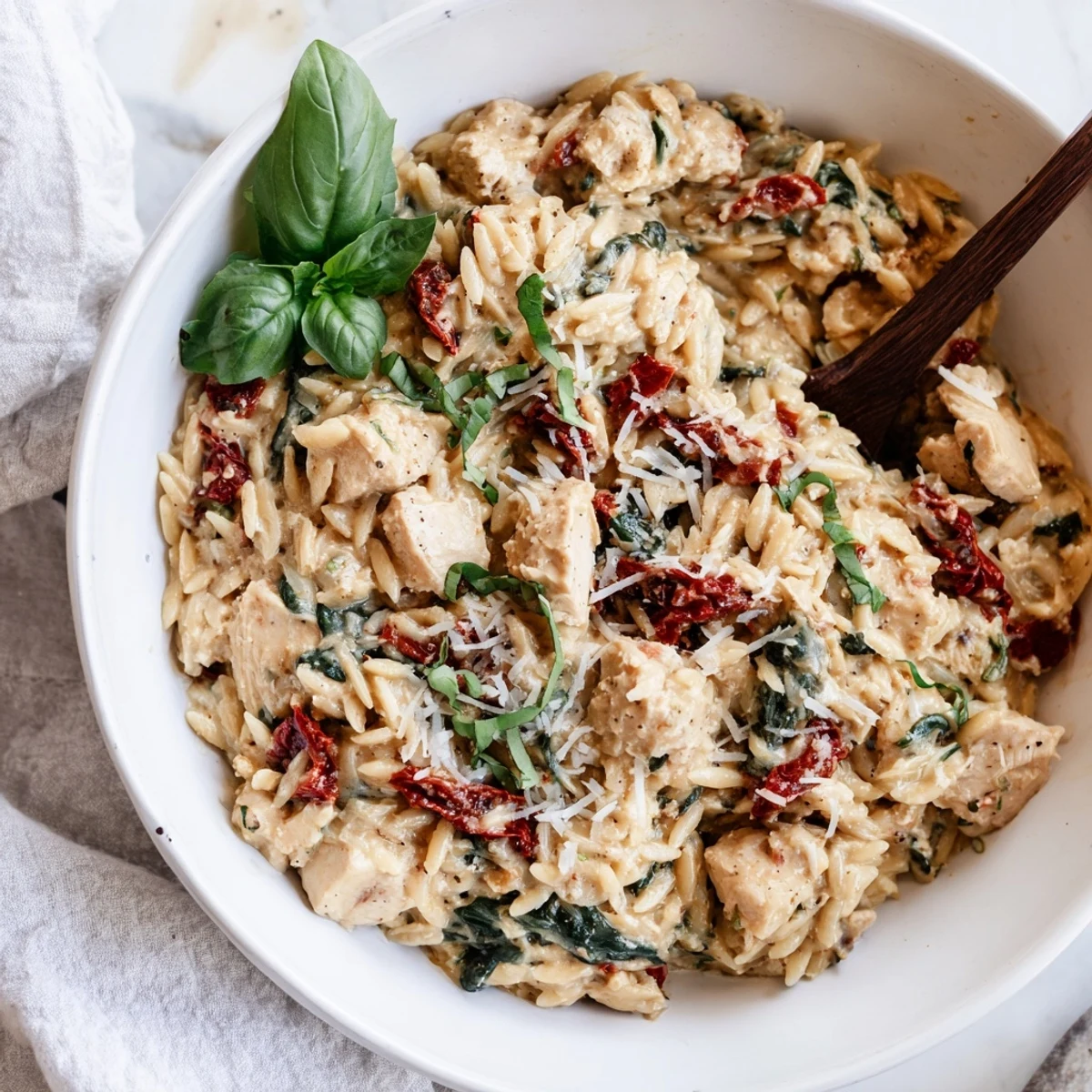 Golden-brown chicken pieces simmering in a creamy Tuscan Chicken Orzo with sun-dried tomatoes and wilted spinach.