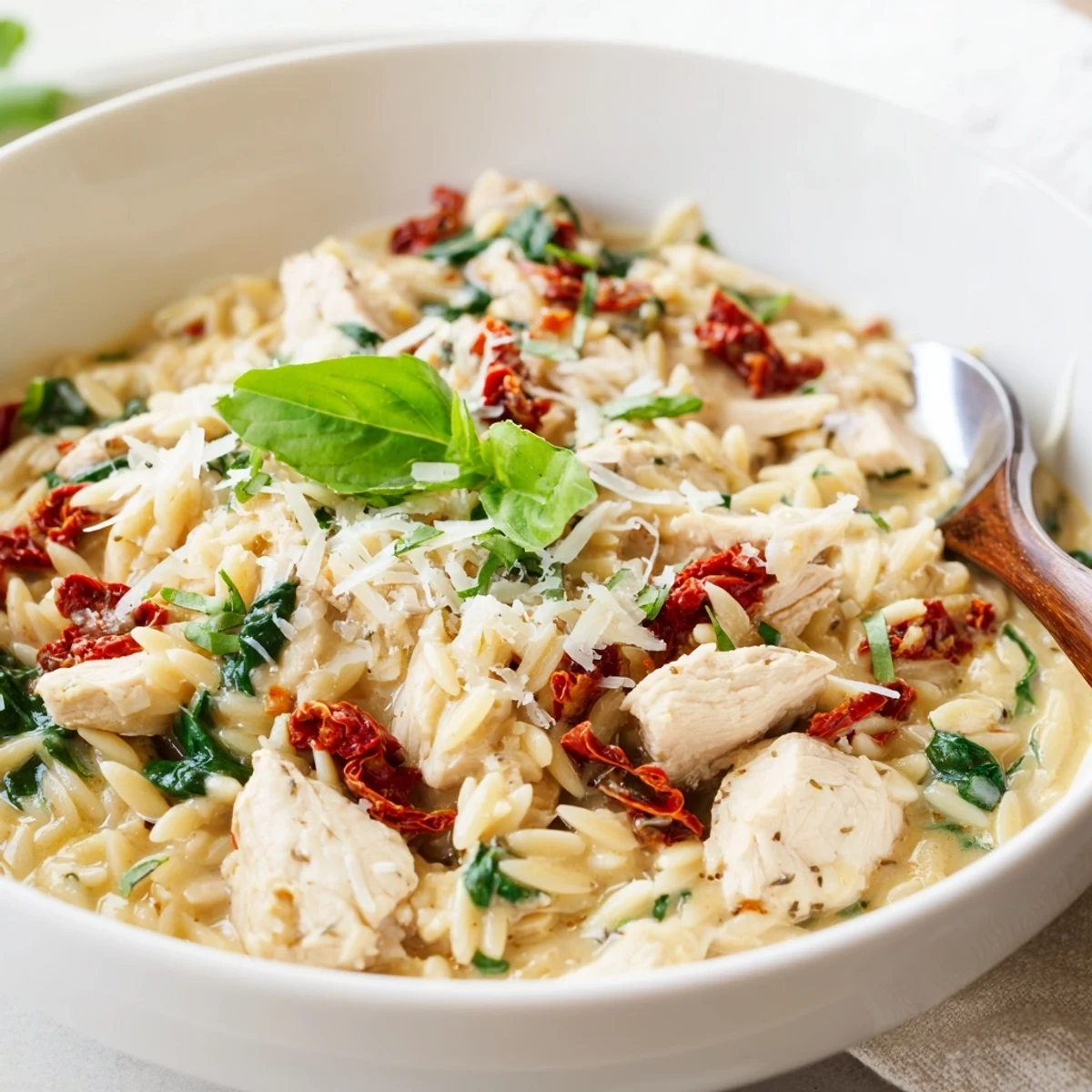A close-up of creamy Tuscan Chicken Orzo, featuring tender orzo pasta, chicken, and vibrant red sun-dried tomatoes.