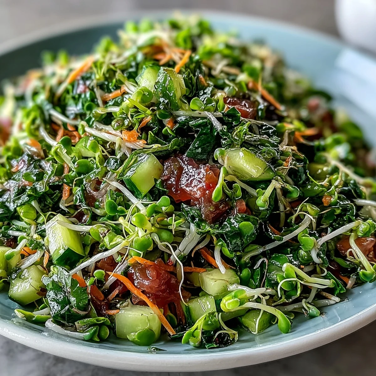 Vibrant sprouted seed salad bursting with fresh veggies and a zesty lemony dressing.