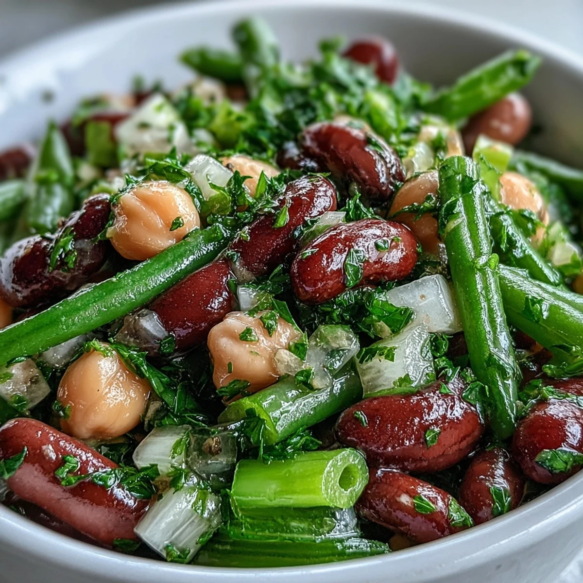 Colorful Three-Bean Salad glistening with a tangy vinaigrette, perfect for summer picnics.