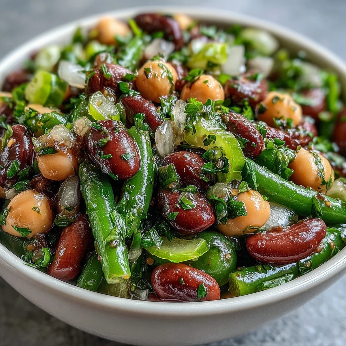 Vibrant Three-Bean Salad showing fresh parsley and red onion tossed in a zesty dressing.