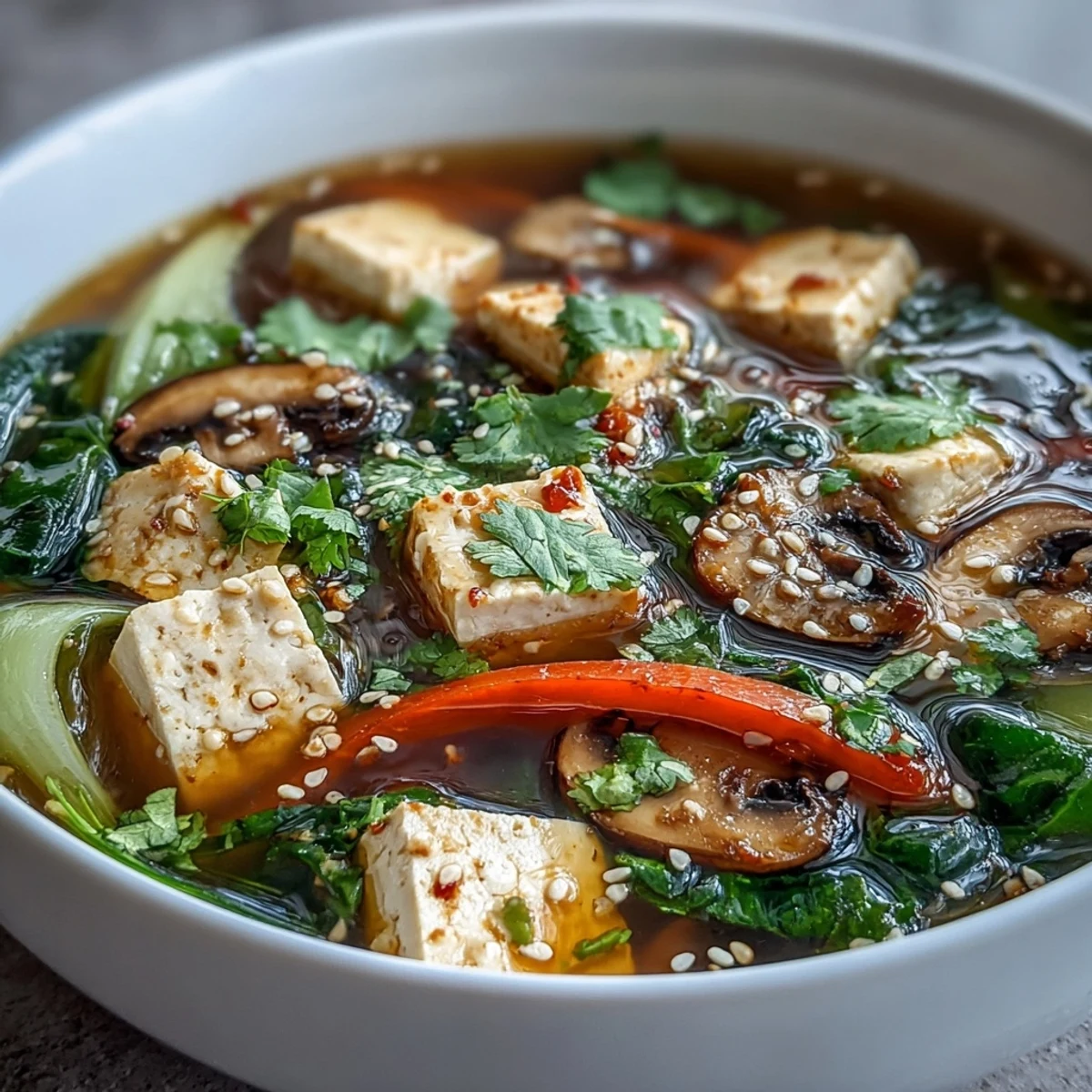 Savory tofu and vegetable soup, a comforting vegan bowl with tender greens.