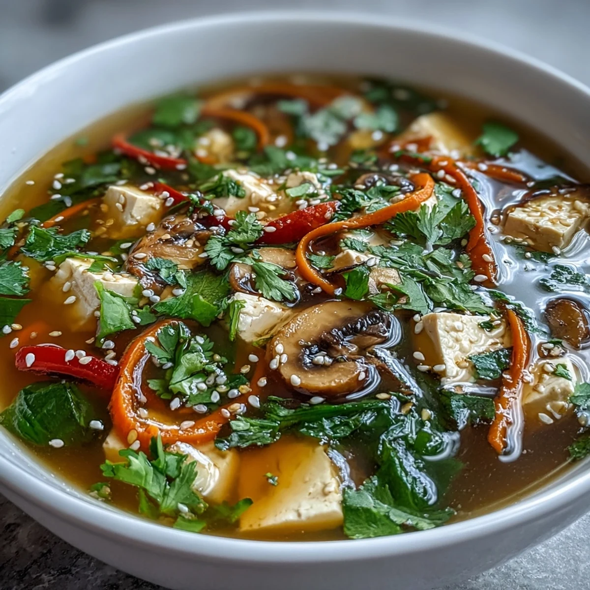 Warm tofu and vegetable soup, perfect for a light, flavorful Asian-inspired meal.