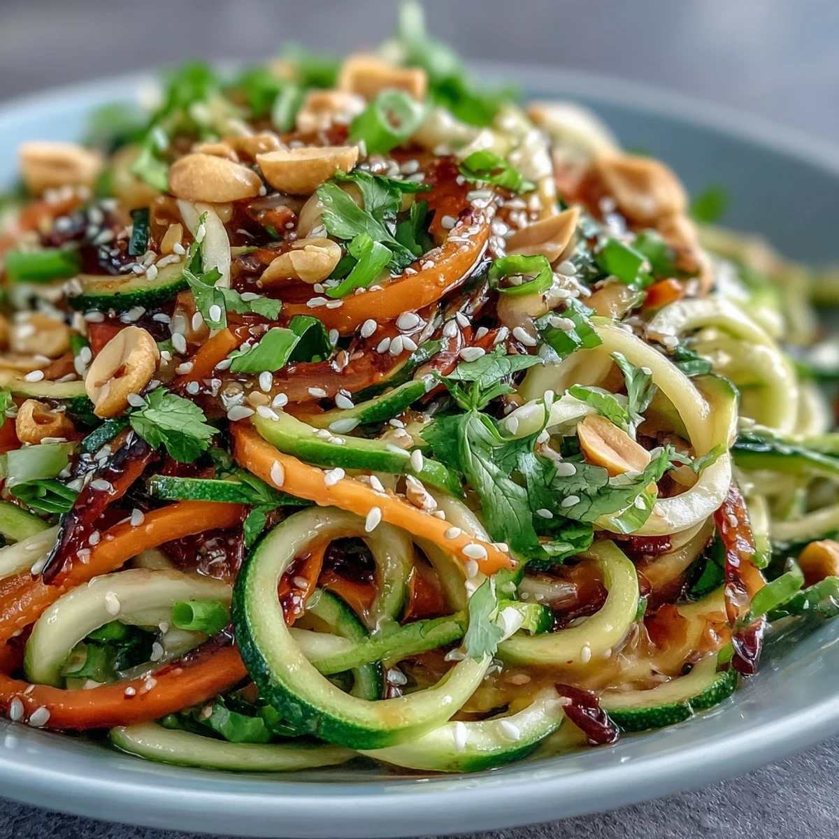 Colorful spiralized zucchini and carrot noodles tossed with crunchy veggies and sesame-ginger dressing in a white bowl.