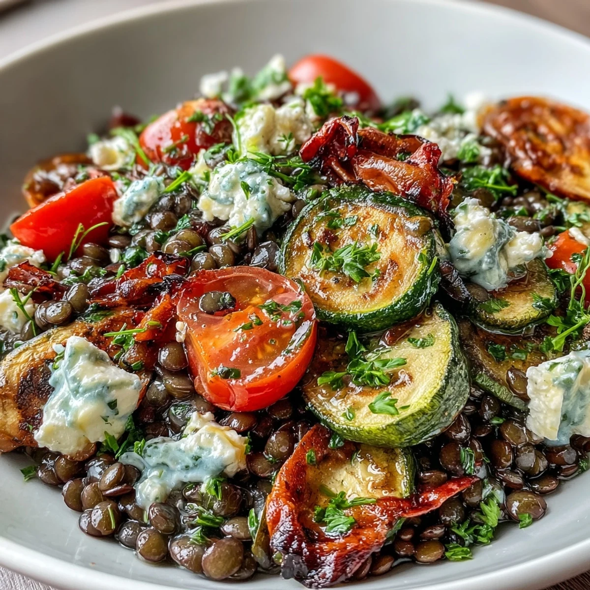 Bright Black Lentil Salad with colorful roasted vegetables and lemon dressing.
