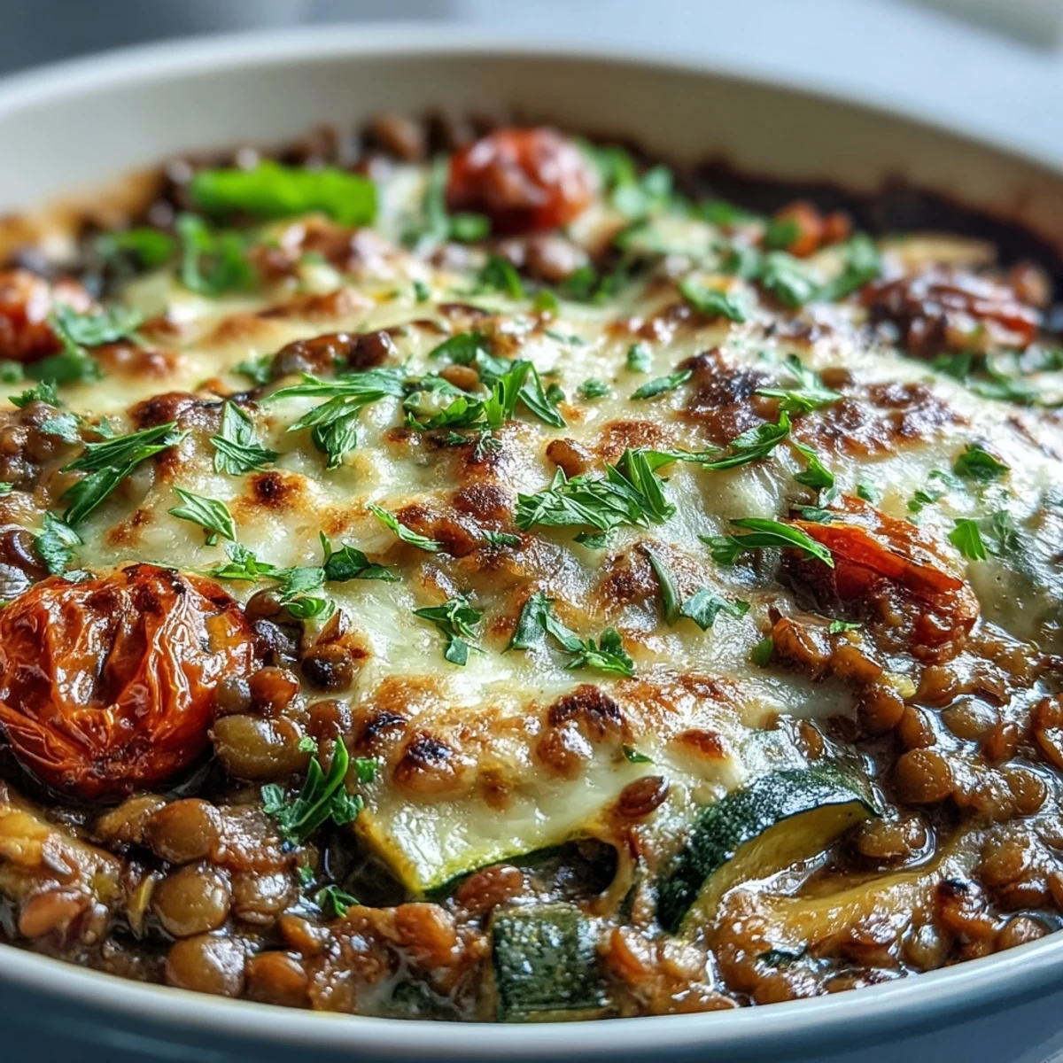Hearty green lentil and vegetable casserole baking golden brown, topped with parsley.
