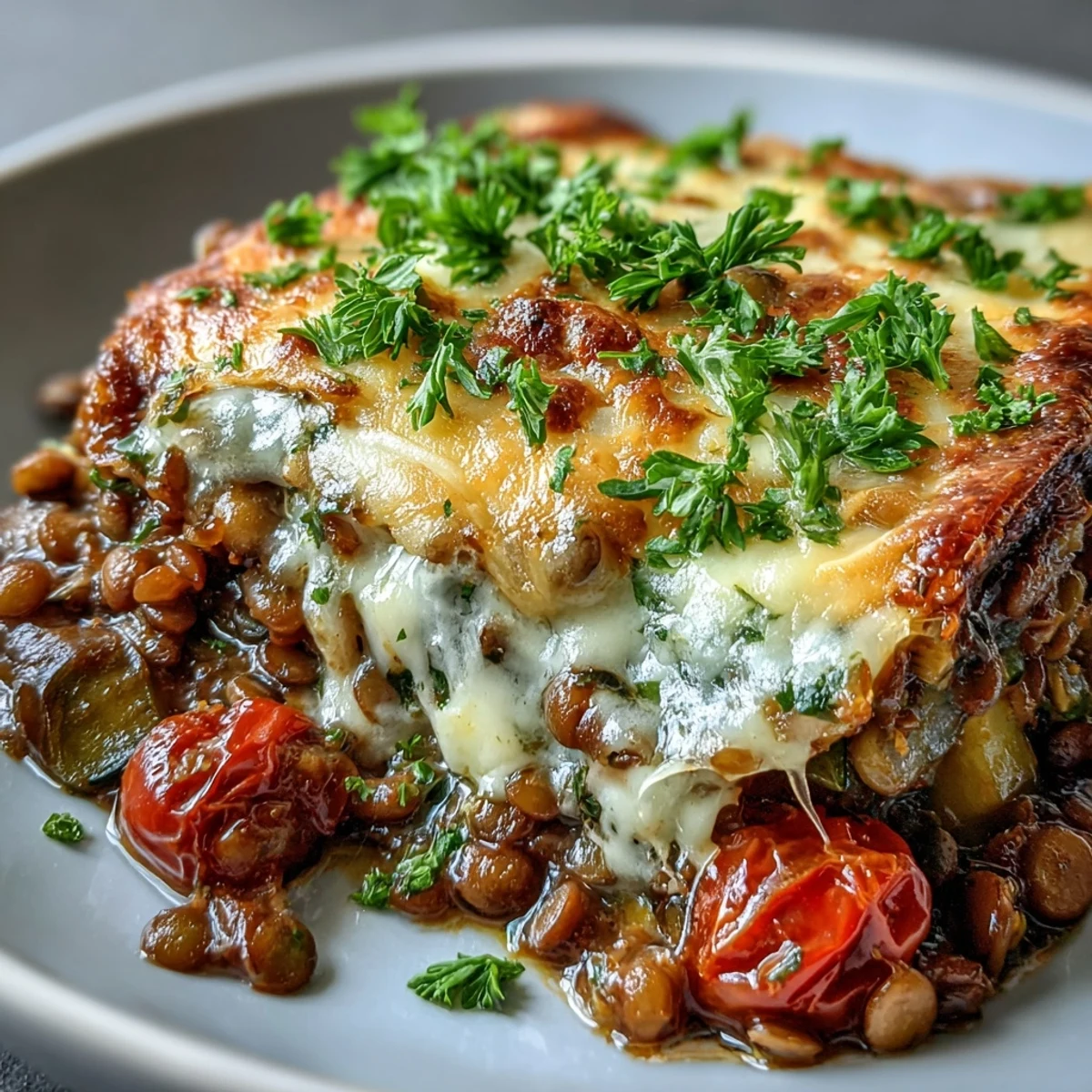 Comforting vegetarian green lentil and vegetable casserole served in a baking dish.