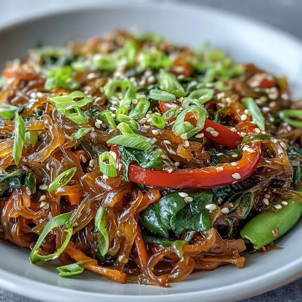 Bright and healthy Kelp Noodle Stir-Fry, served hot with toasted sesame seeds.
